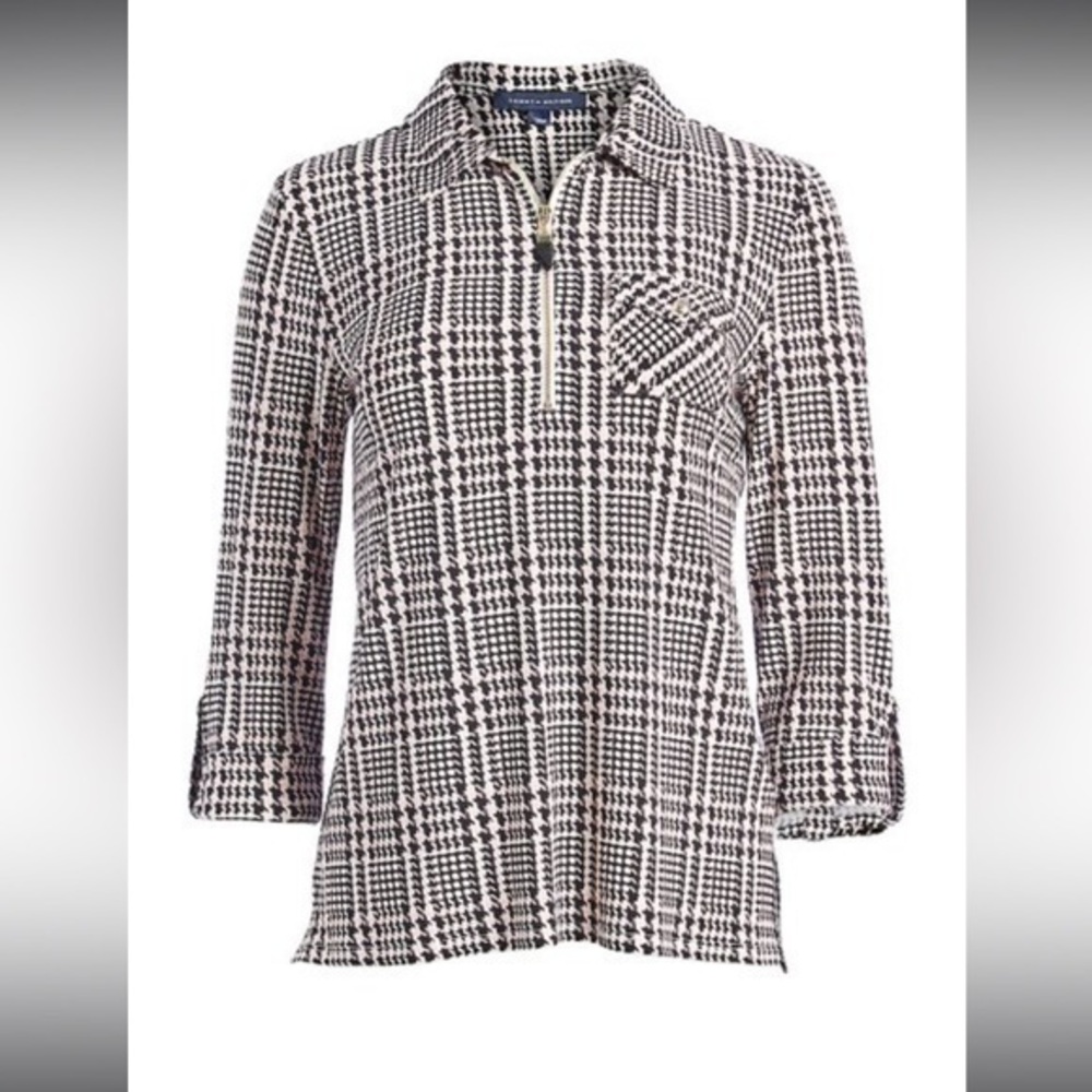 Tommy Hilfiger Black Glen Plaid Zip-Front Bal-Collar Top